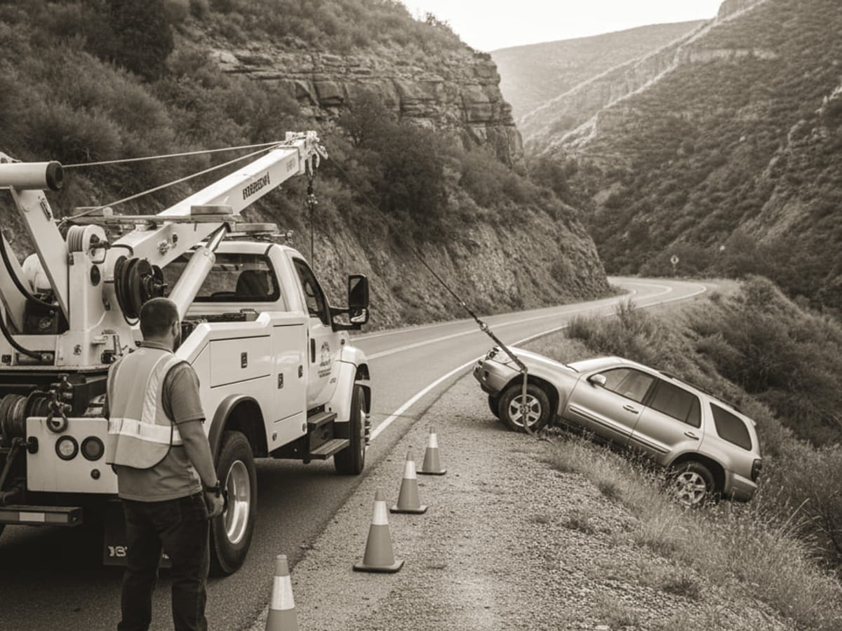 Tow truck winching a stuck car back onto a desert shoulder near El Paso