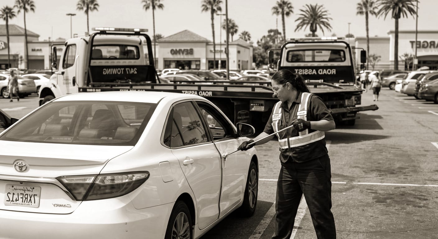 Tow operator using a lockout tool on a car door along an El Paso road