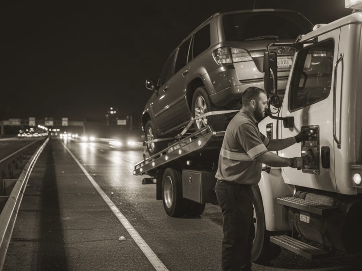 Tow truck helping a disabled car on an El Paso freeway shoulder near downtown
