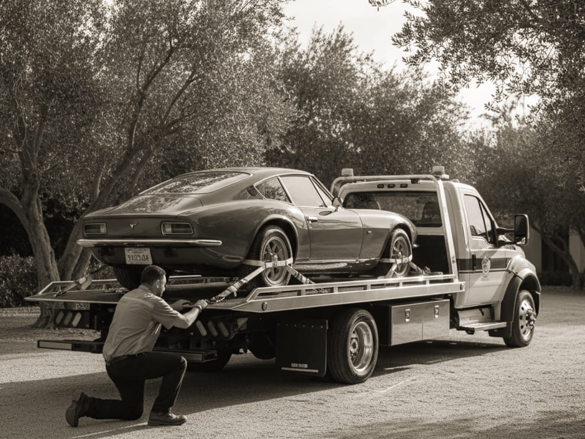 A low-clearance classic car loaded on a flatbed tow truck on an El Paso road