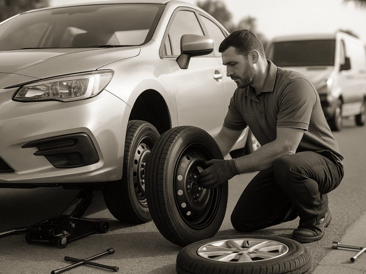 A tow truck operator changing a flat tire on a car along an El Paso highway shoulder