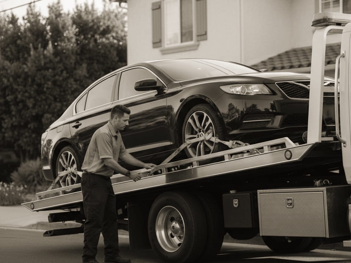 A tow operator securing a dark sedan on a flatbed in a residential driveway