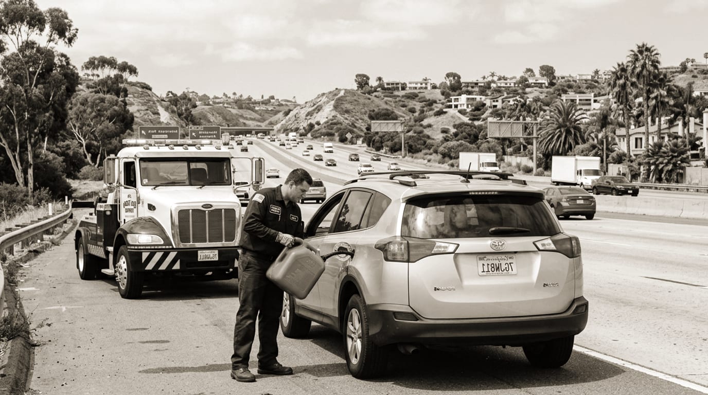 A tow truck delivering fuel to a stranded car on an El Paso highway shoulder
