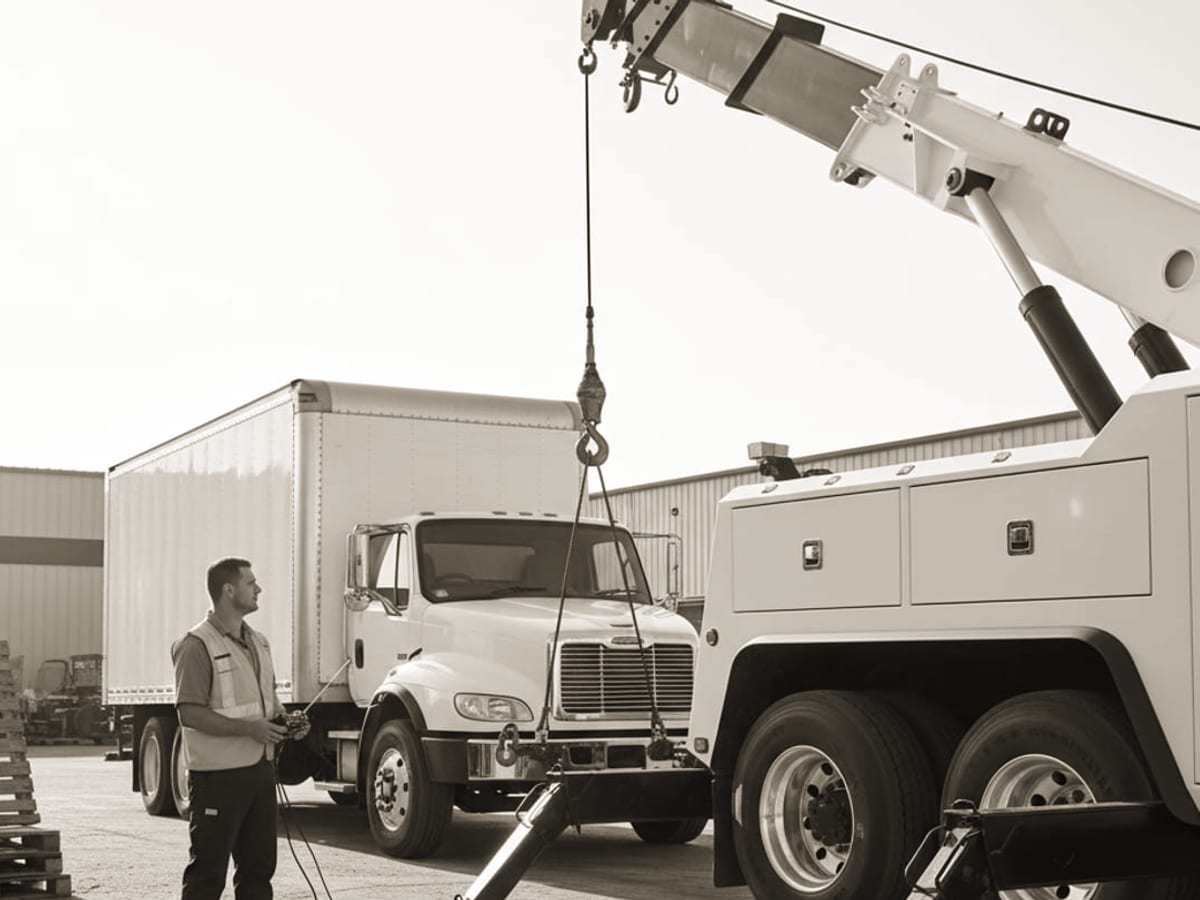 Heavy-duty tow truck working on a busy El Paso highway with mountains in the background.