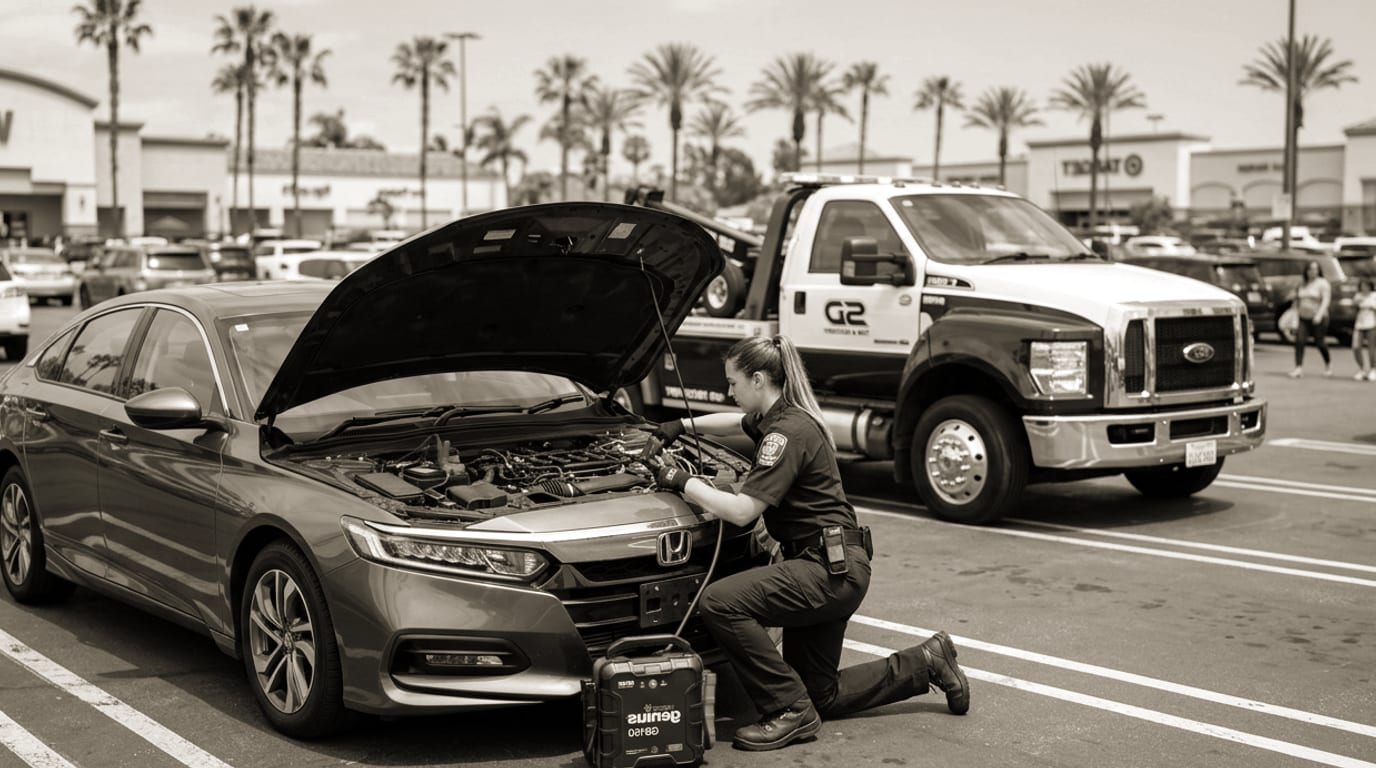 A technician kneeling beside a sedan with its hood open in a parking lot, jump pack on the ground