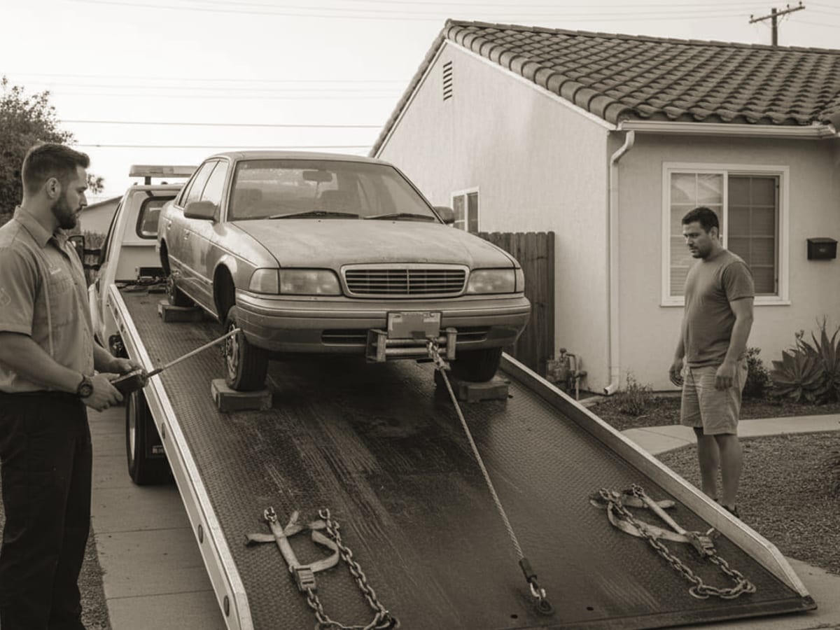Tow truck removing an old junk car from a residential street in El Paso, Texas