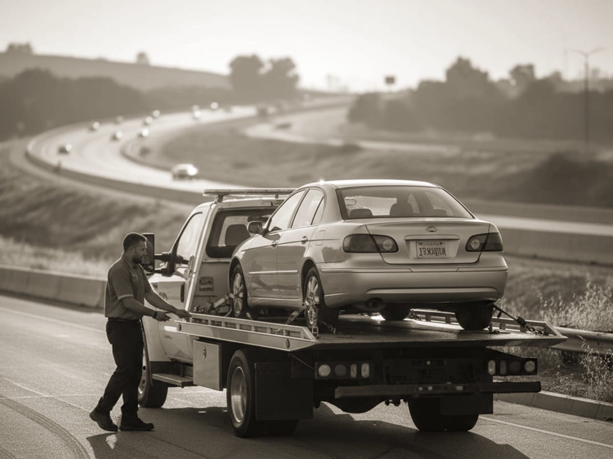 Flatbed tow truck carrying a car on a desert highway outside El Paso