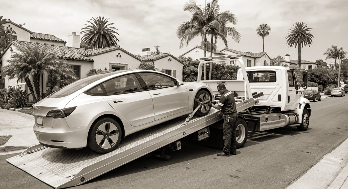 Flatbed tow truck loading an electric car on a sunny El Paso highway shoulder