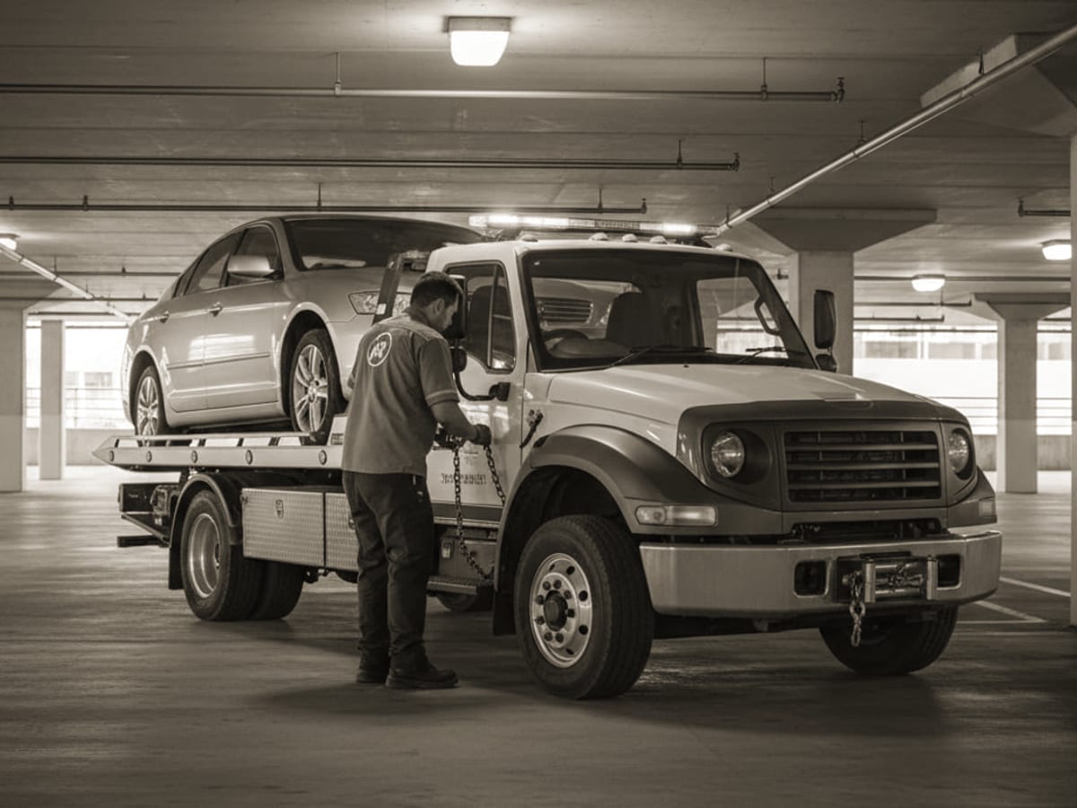 Wheel-lift tow truck lifting the front wheels of a sedan on an El Paso street